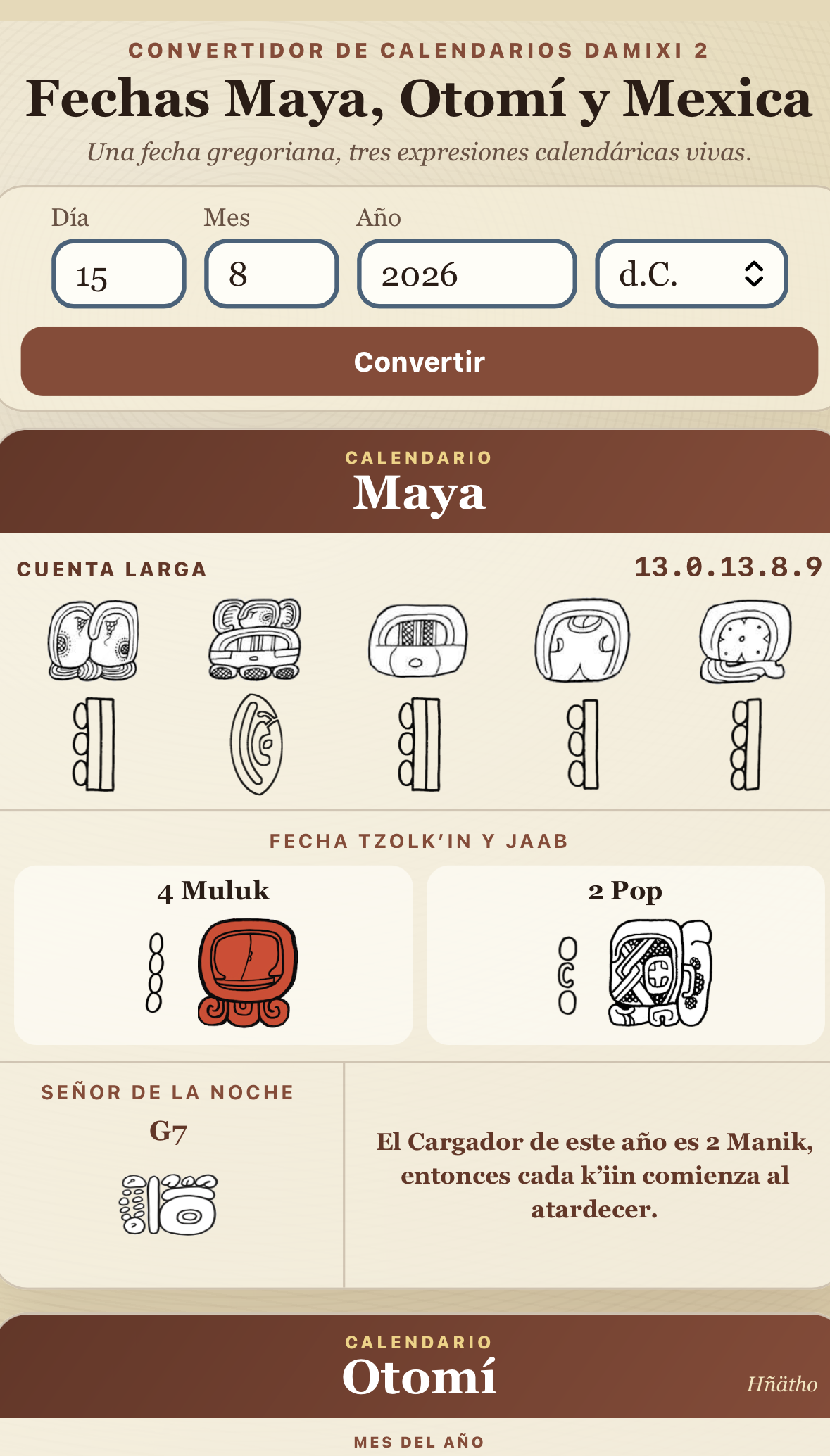 The Damixi 2 converter showing Maya, Otomí, and Mexica calendar results for August 15, 2026