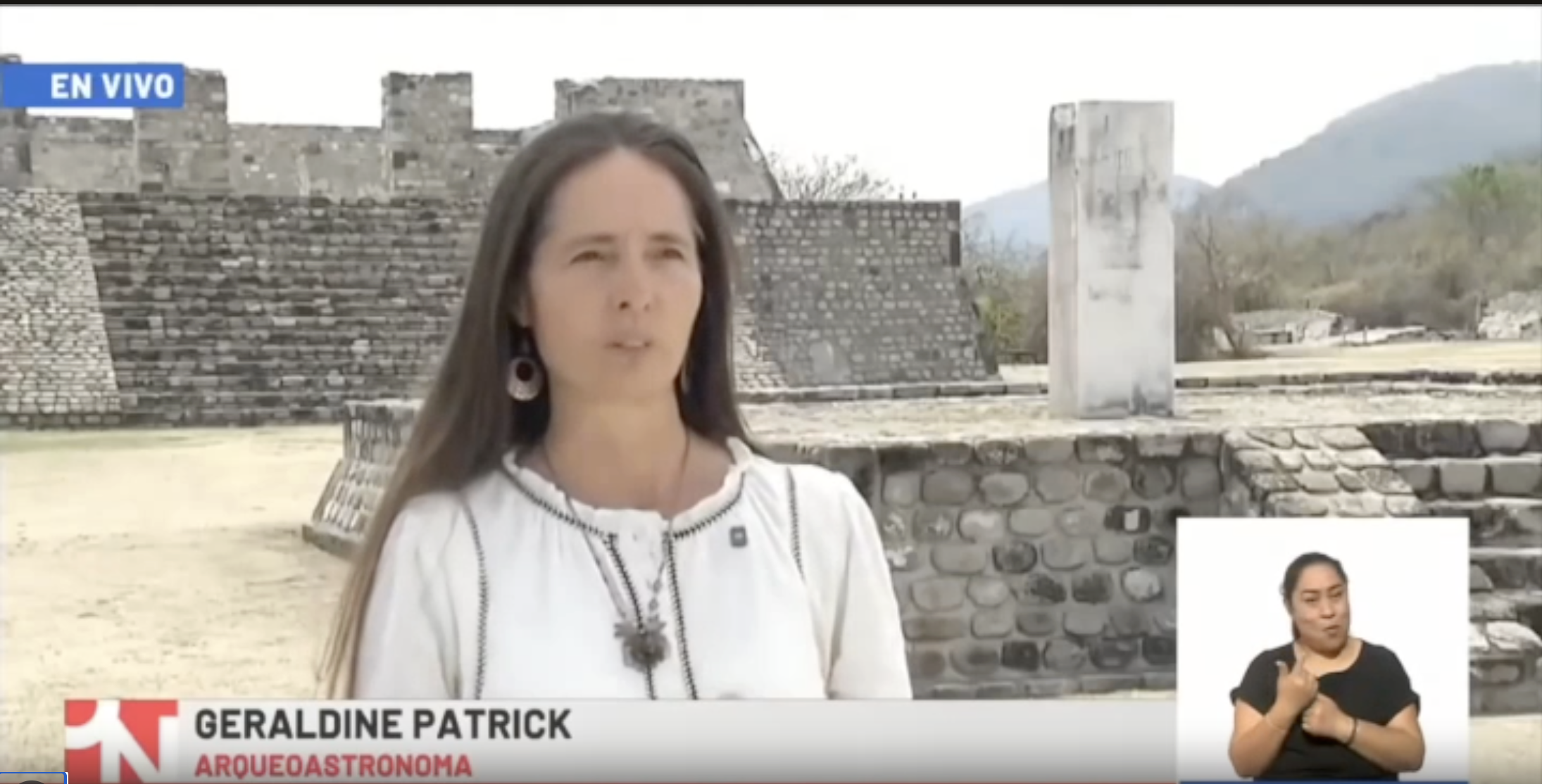 Geraldine Patrick speaking from Xochicalco during a Canal Once interview
